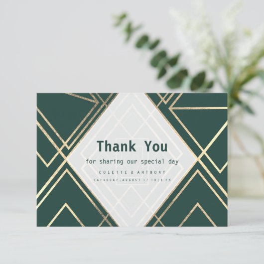 幾何学的な森の緑の金ゴールドモダンありがとう サンキューカード (スタンド正面)