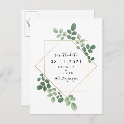 幾何学的な植物結婚式の日付を保存 案内ポストカード (正面/裏面)