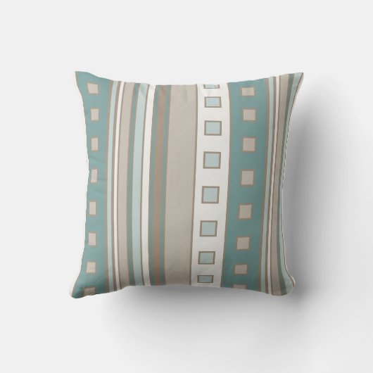 幾何学的な正方形とストライプティール（緑がかった色）、ブラウンシーフォーム クッション (裏面)