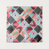 幾何学的な正方形、水色パッチワーク タペストリー (正面(横))