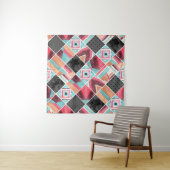 幾何学的な正方形、水色パッチワーク タペストリー (インサイチュ)