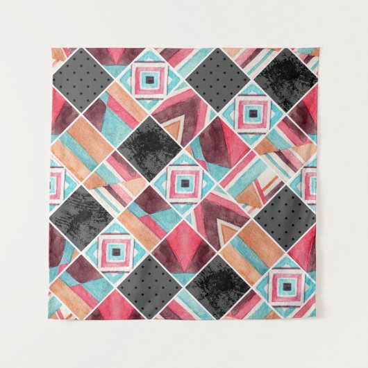 幾何学的な正方形、水色パッチワーク タペストリー (正面)