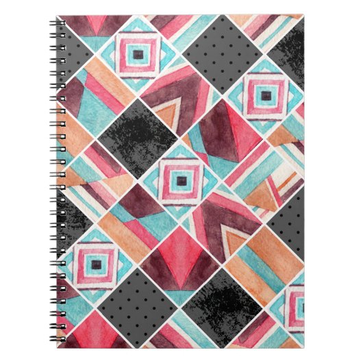 幾何学的な正方形、水色パッチワーク ノートブック (正面)