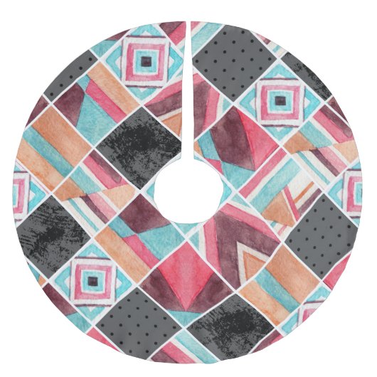 幾何学的な正方形、水色パッチワーク ブラッシュドポリエステルツリースカート (正面)