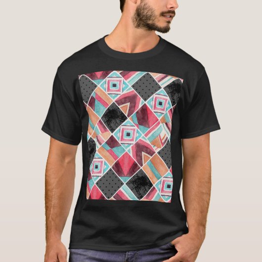 幾何学的な正方形、水色パッチワーク Tシャツ (正面)