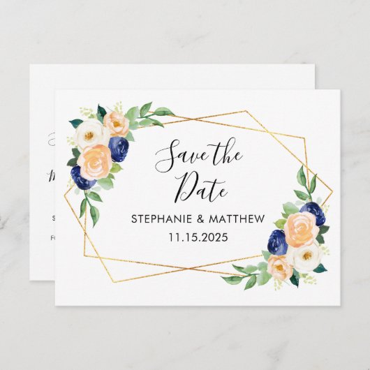 幾何学的な水の色のフローラ結婚式の日付を保存 案内ポストカード (正面/裏面)