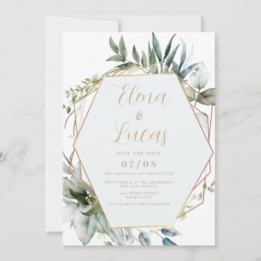 幾何学的な水の色のミント葉金ゴールドの結婚数 招待状 (正面)
