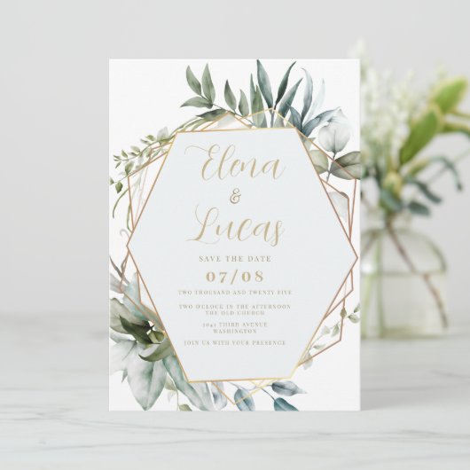 幾何学的な水の色のミント葉金ゴールドの結婚数 招待状 (スタンド正面)