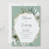 幾何学的な水の色のミント金ゴールドの結婚葉 招待状 (正面)