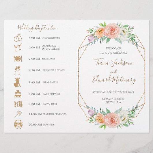 幾何学的な水の色の花の折り畳まれた結婚式のタイムライン (正面)