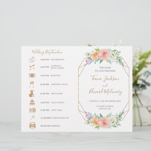 幾何学的な水の色の花の折り畳まれた結婚式のタイムライン (スタンド正面)