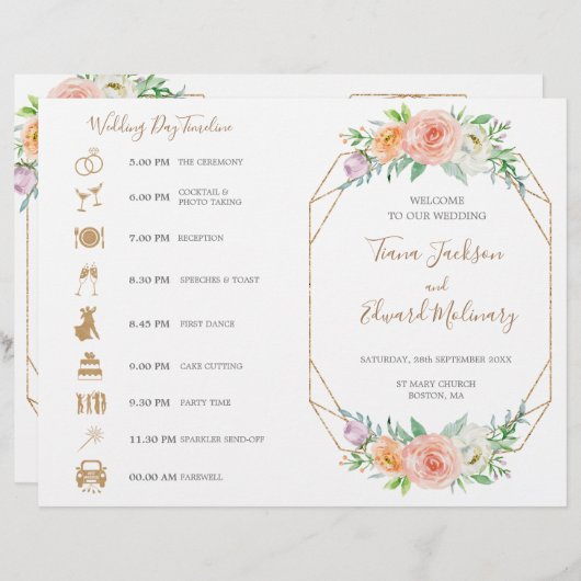 幾何学的な水の色の花の折り畳まれた結婚式のタイムライン (正面/裏面)