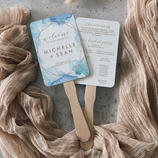 幾何学的な水彩画のウェディングプログラム ハンドファン