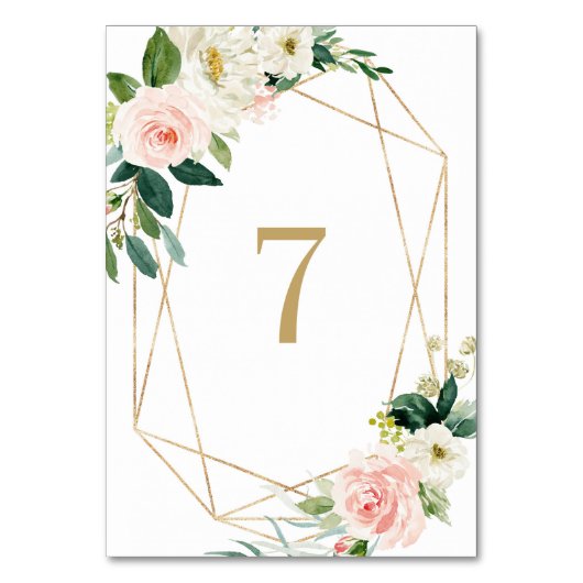 幾何学的な水彩画の春の花が咲くテーブル7 ウェディング テーブルナンバー (裏面)