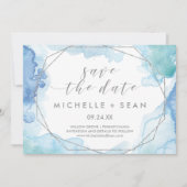 幾何学的な水色シルバーデイトカードを保存 セーブザデート (正面)