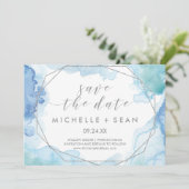 幾何学的な水色シルバーデイトカードを保存 セーブザデート (スタンド正面)