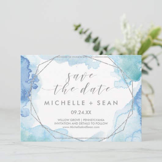 幾何学的な水色シルバーデイトカードを保存 セーブザデート (スタンド正面)