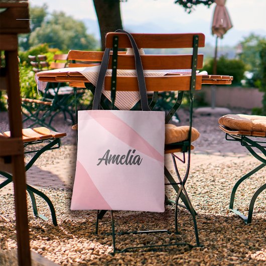 幾何学的な波パステルピンクのローズカラーと名前 トートバッグ