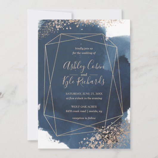 幾何学的な海軍および金ゴールドフレームの水彩画 招待状 (正面)