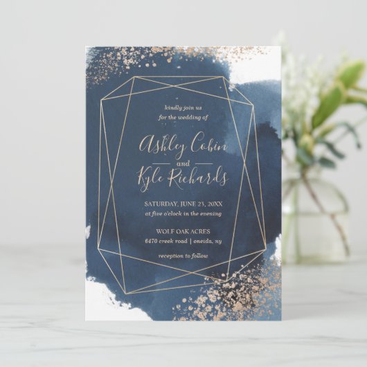 幾何学的な海軍および金ゴールドフレームの水彩画 招待状