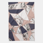 幾何学的な濃紺のモモの大理石およびばら色の金ゴールド キッチンタオル (縦)