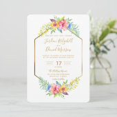 幾何学的な熱帯フローラ金ゴールド水の結婚色 招待状 (スタンド正面)