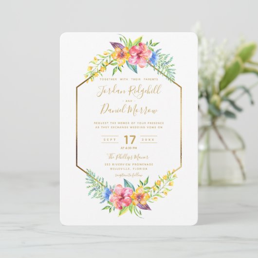 幾何学的な熱帯フローラ金ゴールド水の結婚色 招待状 (スタンド正面)