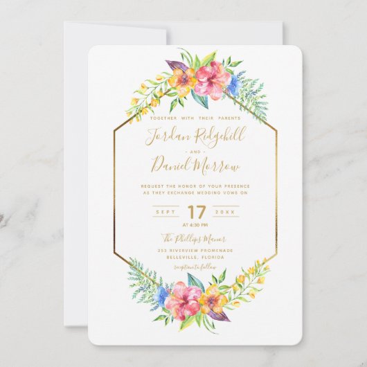 幾何学的な熱帯フローラ金ゴールド水の結婚色 招待状 (正面)