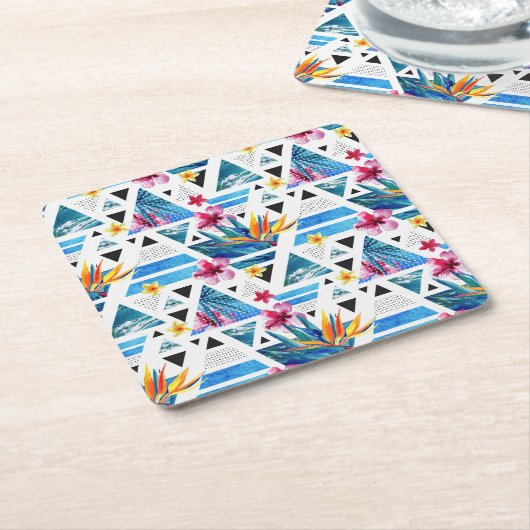 幾何学的な熱帯花のパターン スクエアペーパーコースター (アングル)
