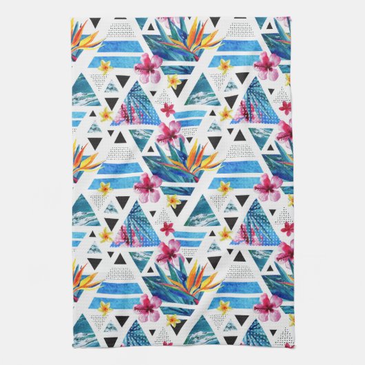 幾何学的な熱帯花模様 キッチンタオル (縦)