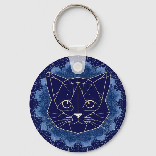 幾何学的な猫のデザインが金色の星に囲まれています キーホルダー (正面)