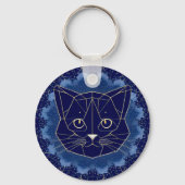 幾何学的な猫のデザインが金色の星に囲まれています キーホルダー (裏面)