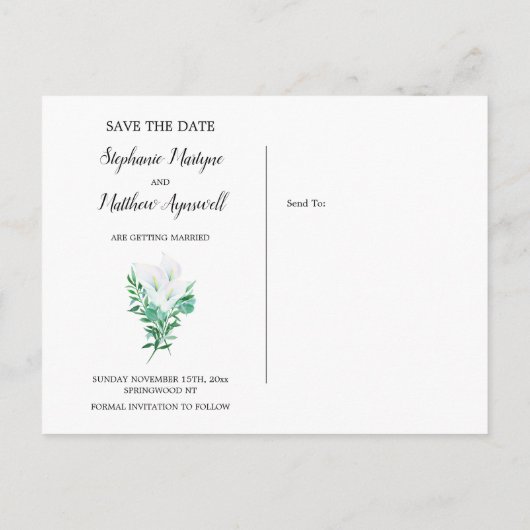 幾何学的な白いカラユリの結婚式の日付を保存 案内ポストカード (裏面)