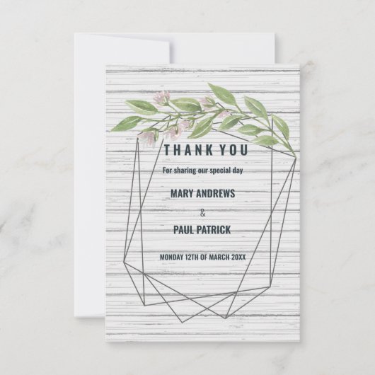 幾何学的な白い木の緑のフローラ サンキューカード (正面)