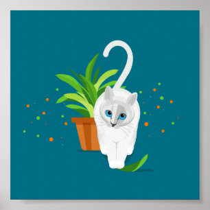 幾何学的な白い猫の歩く過去植物ポット ポスター