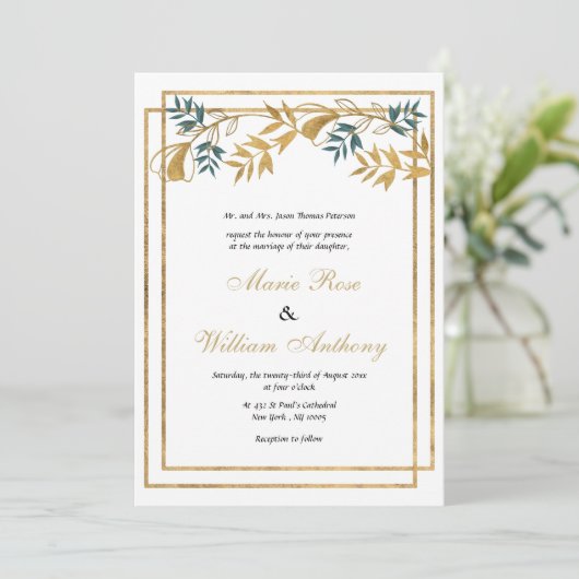 幾何学的な白い金ゴールドは灰色がかったシ結婚アンの葉 招待状 (スタンド正面)