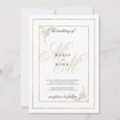幾何学的な白い金ゴールド弓モノグラム結婚イニシャル 招待状 (正面)