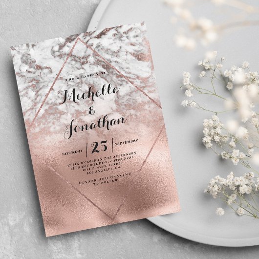 幾何学的な白とローズゴールドのグラデーションマーブルウェディング 招待状