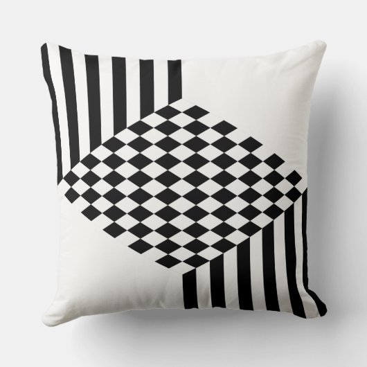 幾何学的な白と黒のストライプダイヤモンド市松模様にの クッション (裏面)