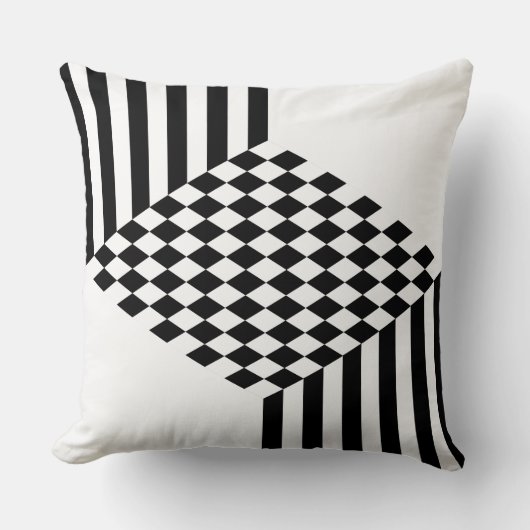 幾何学的な白と黒のストライプダイヤモンド市松模様にの クッション (正面)