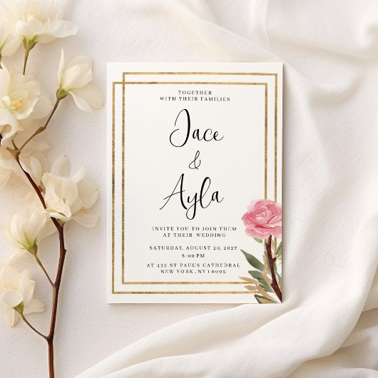 幾何学的な白金ゴールドピンクのミント結婚フラワー 招待状