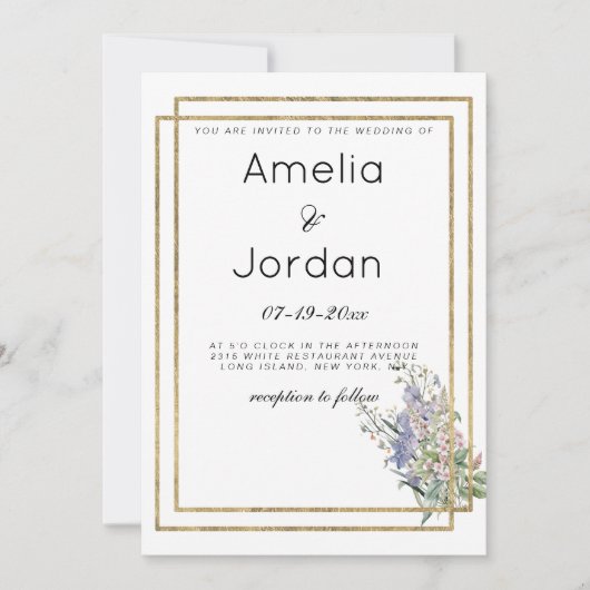 幾何学的な白金ゴールドラベンダーピンク結婚フローラ 招待状 (正面)