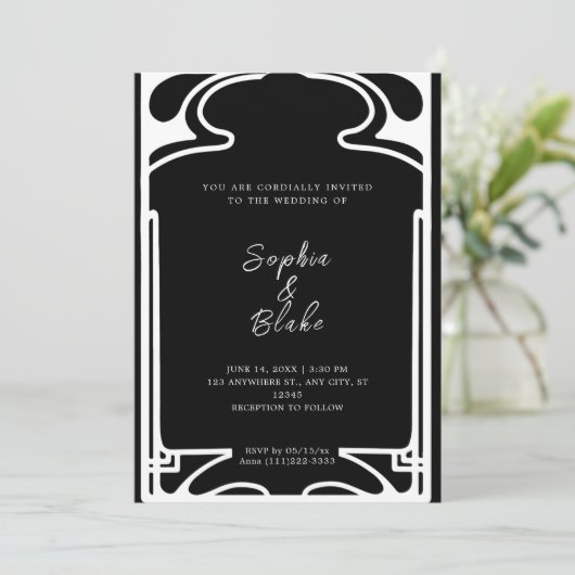 幾何学的な白黒のアールデコ結婚 招待状 (スタンド正面)