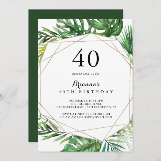 幾何学的な目的地トロピカル40th誕生日パーティー 招待状 (正面/裏面)