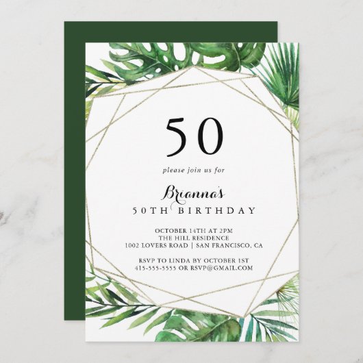 幾何学的な目的地トロピカル50th誕生日パーティー 招待状 (正面/裏面)
