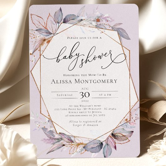 幾何学的な紫とラベンダーのベビーシャワー招待状 招待状