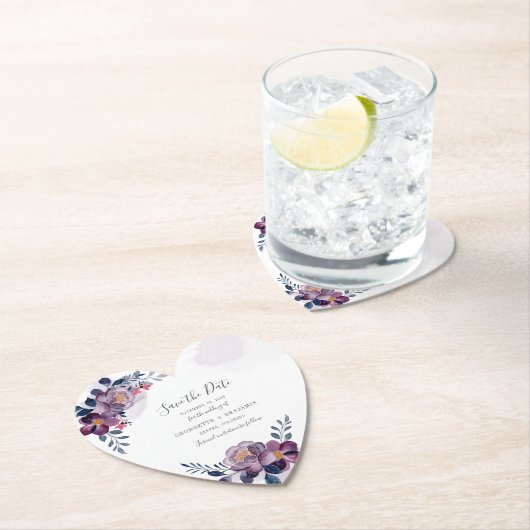 幾何学的な紫のフローラ結婚式の日付を保存 ペーパーコースター (インサイチュ)