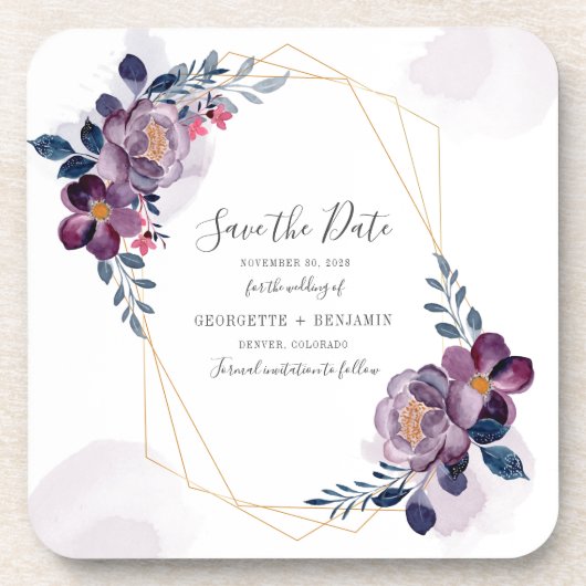 幾何学的な紫の花の結婚式のSave the Date コースター (正面)