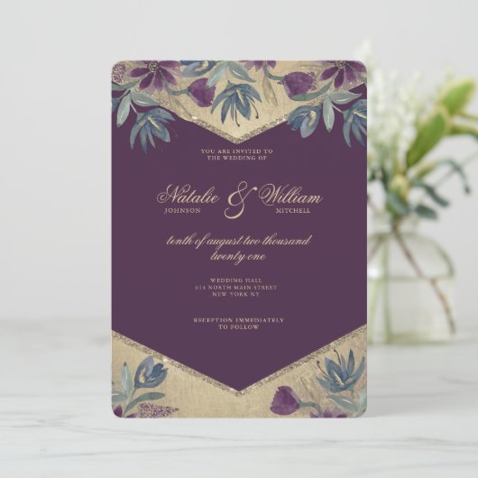 幾何学的な紫の金ゴールド水色のフローラ 招待状 (スタンド正面)