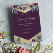 幾何学的な紫の金ゴールド水色のフローラ 招待状